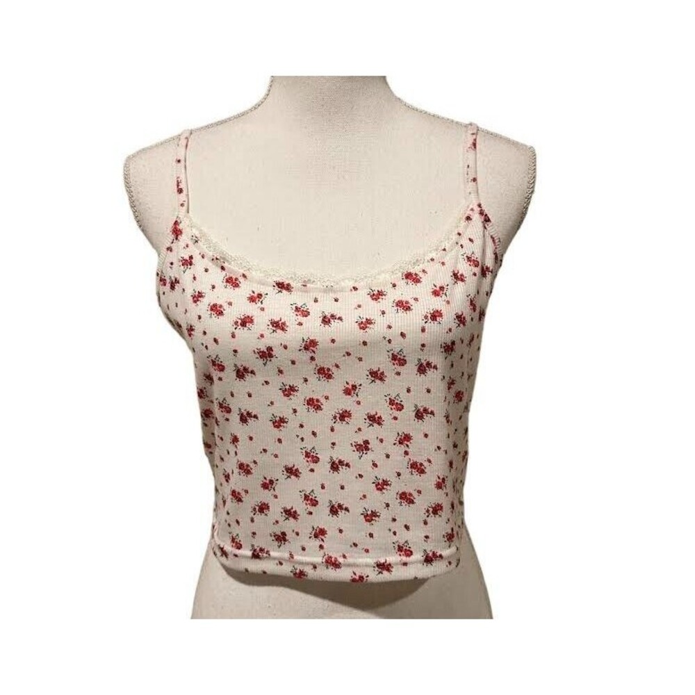 New Shein Women's L White & Red Floral Cropped Halter Cami Tank Top